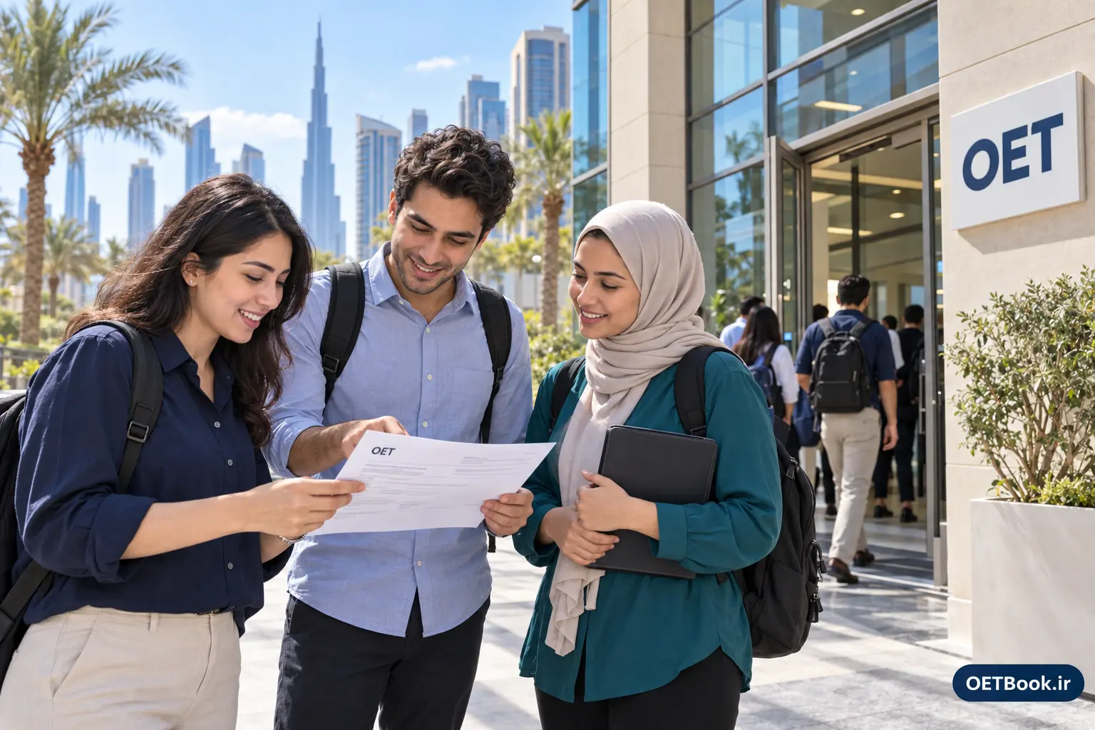 تصویر نمادین داوطلبان در حال بررسی اطلاعات آزمون مقابل مرکز OET در دبی
